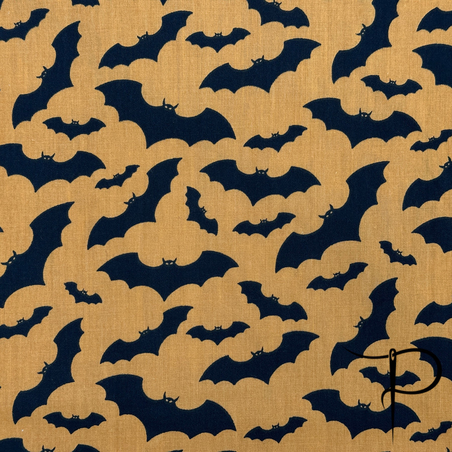 Black Bats Halloween Polycotton Dress Fabric, Orange Black Bats Halloween Polycotton Dress Fabric, Orange