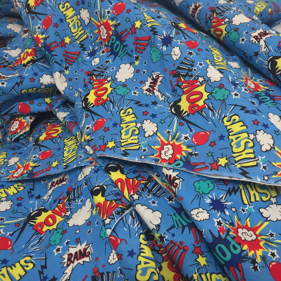 Comic Kids Pow Smash Cotton Fabric, Turquoise Comic Kids Pow Smash Cotton Fabric, Turquoise