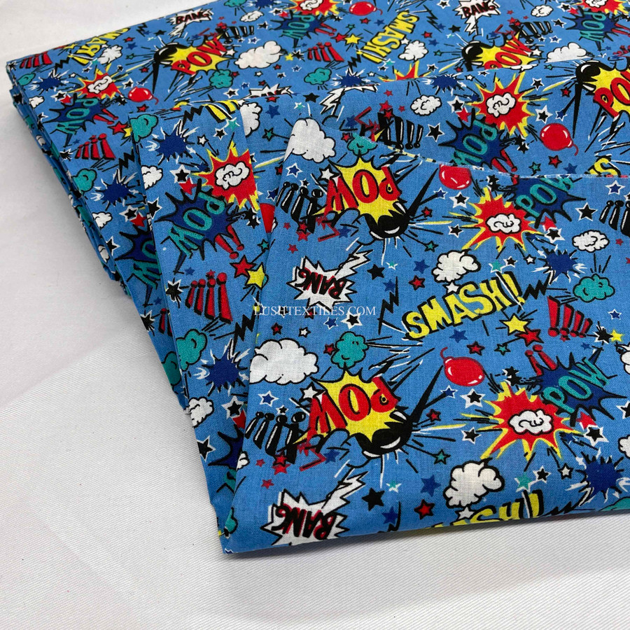 Comic Kids Pow Smash Cotton Fabric, Turquoise Comic Kids Pow Smash Cotton Fabric, Turquoise