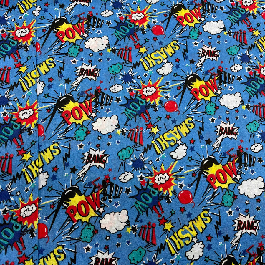 Comic Kids Pow Smash Cotton Fabric, Turquoise Comic Kids Pow Smash Cotton Fabric, Turquoise