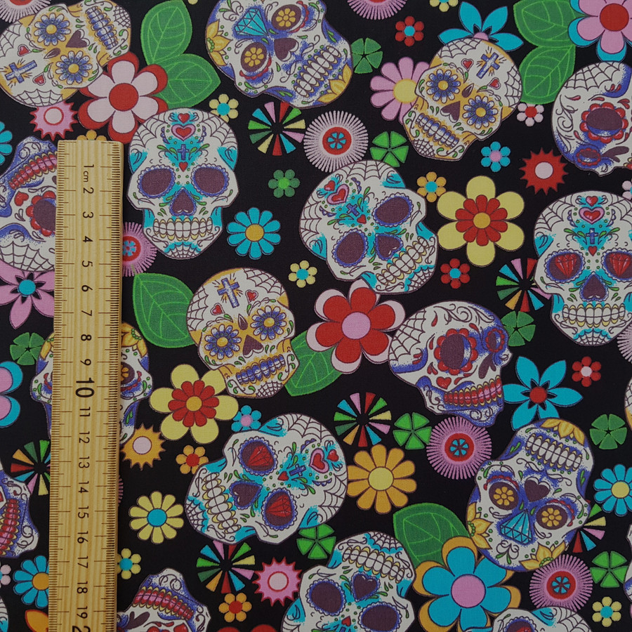 10m Sugar Skulls Tattoo Day Of the Dead Cotton Fabric, Black 10m Sugar Skulls Tattoo Day Of the Dead Cotton Fabric, Black
