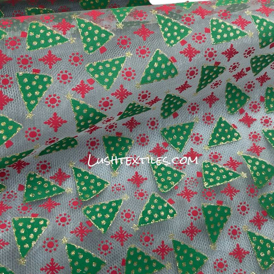Christmas Glitter Organza Voile Fabric, Xmas Tree Christmas Glitter Organza Voile Fabric, Xmas Tree