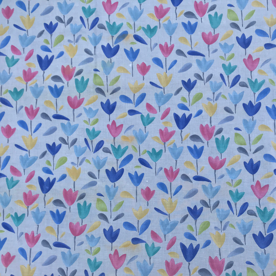 Colourful Tulip Flowers Cotton Muslin Fabric, White Colourful Tulip Flowers Cotton Muslin Fabric, White