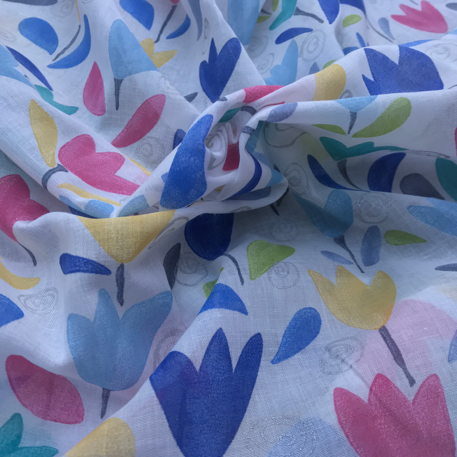 Colourful Tulip Flowers Cotton Muslin Fabric, White Colourful Tulip Flowers Cotton Muslin Fabric, White