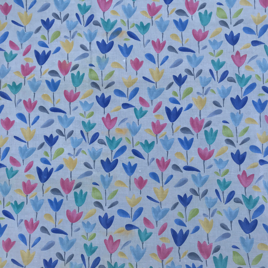 Colourful Tulip Flowers Cotton Muslin Fabric, White Colourful Tulip Flowers Cotton Muslin Fabric, White