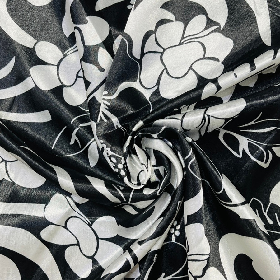 Black & White Fabric Abstract Floral Flowers Printed Satin, Black Black & White Fabric Abstract Floral Flowers Printed Satin, Black