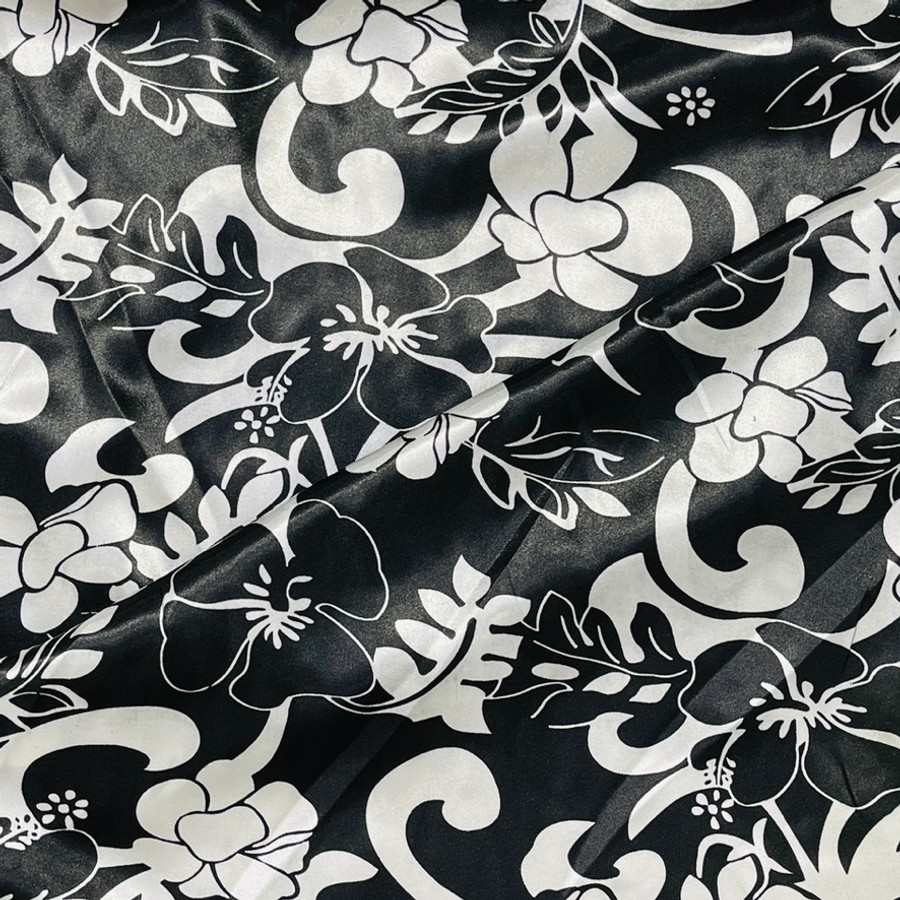 Black & White Fabric Abstract Floral Flowers Printed Satin, Black Black & White Fabric Abstract Floral Flowers Printed Satin, Black