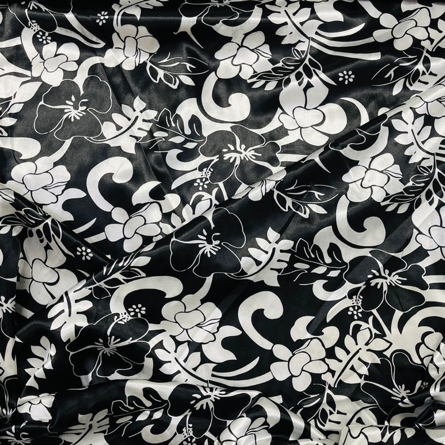 Black & White Fabric Abstract Floral Flowers Printed Satin, Black Black & White Fabric Abstract Floral Flowers Printed Satin, Black