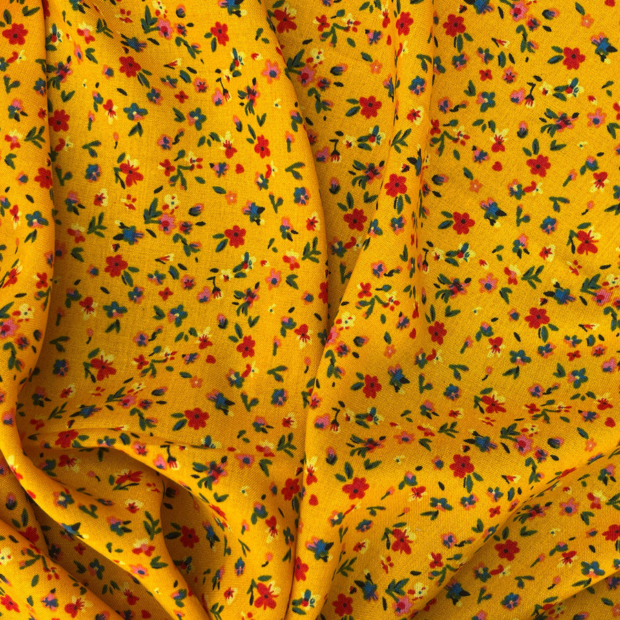 Tiny Daisy Floral 100% Viscose Challis Dress Fabric, Mustard Tiny Daisy Floral 100% Viscose Challis Dress Fabric, Mustard