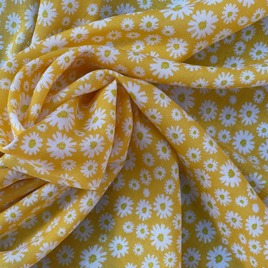 Sunflowers Daisy Floral 100% Viscose Dress Fabric, Pastel Yellow Sunflowers Daisy Floral 100% Viscose Dress Fabric, Pastel Yellow