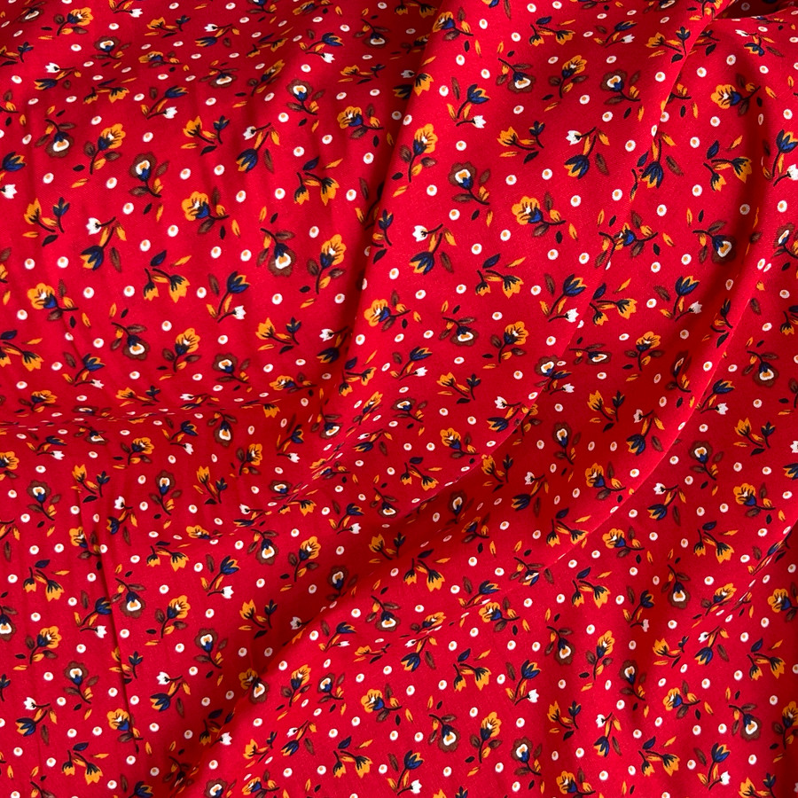 Tulips Floral 100% Viscose Dress Fabric, Red Tulips Floral 100% Viscose Dress Fabric, Red