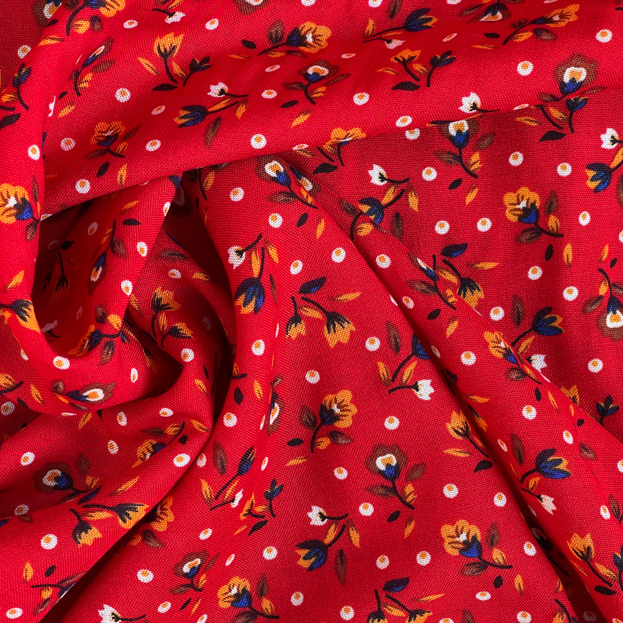 Tulips Floral 100% Viscose Dress Fabric, Red Tulips Floral 100% Viscose Dress Fabric, Red