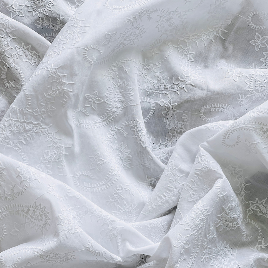 Paisley Cotton Lawn Broderie Anglaise Fabric English Dress Blouse Lace 54" WHITE Paisley Cotton Lawn Broderie Anglaise Fabric English Dress Blouse Lace 54" WHITE