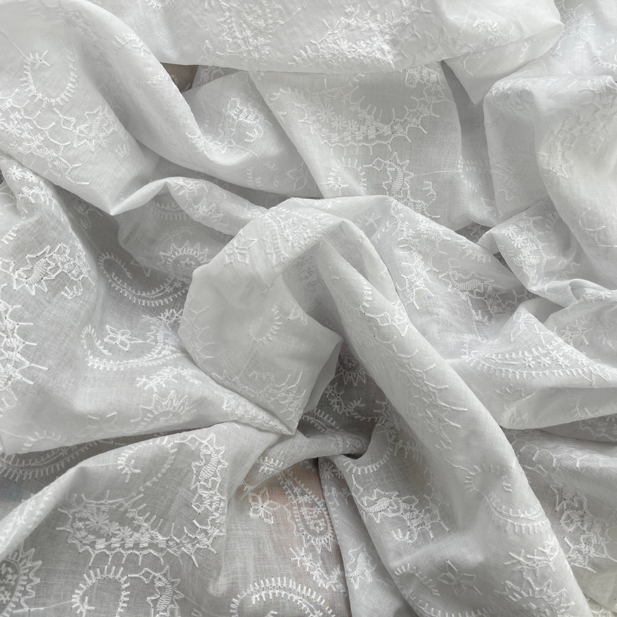 Paisley Cotton Lawn Broderie Anglaise Fabric English Dress Blouse Lace 54" WHITE Paisley Cotton Lawn Broderie Anglaise Fabric English Dress Blouse Lace 54" WHITE