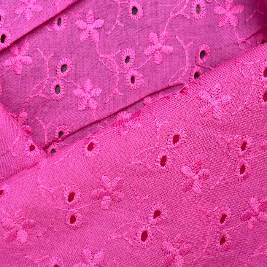 2 Hole Floral Broderie Anglaise 100% Cotton Fabric Dress 54”- Hot Pink 2 Hole Floral Broderie Anglaise 100% Cotton Fabric Dress 54”- Hot Pink