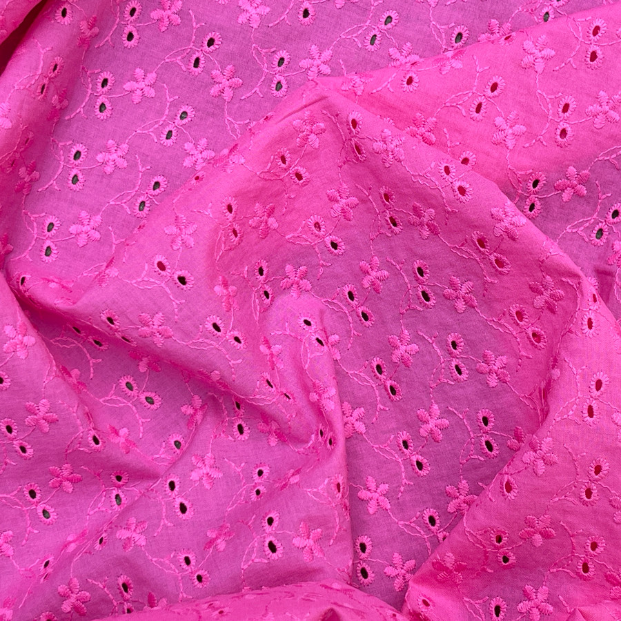 2 Hole Floral Broderie Anglaise 100% Cotton Fabric Dress 54”- Hot Pink 2 Hole Floral Broderie Anglaise 100% Cotton Fabric Dress 54”- Hot Pink