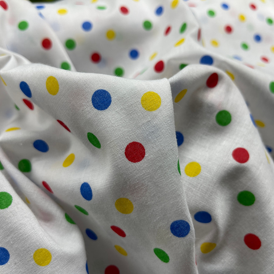 Small Multicoloured Clown Spots Printed Polycotton Fabric, White Small Multicoloured Clown Spots Printed Polycotton Fabric, White