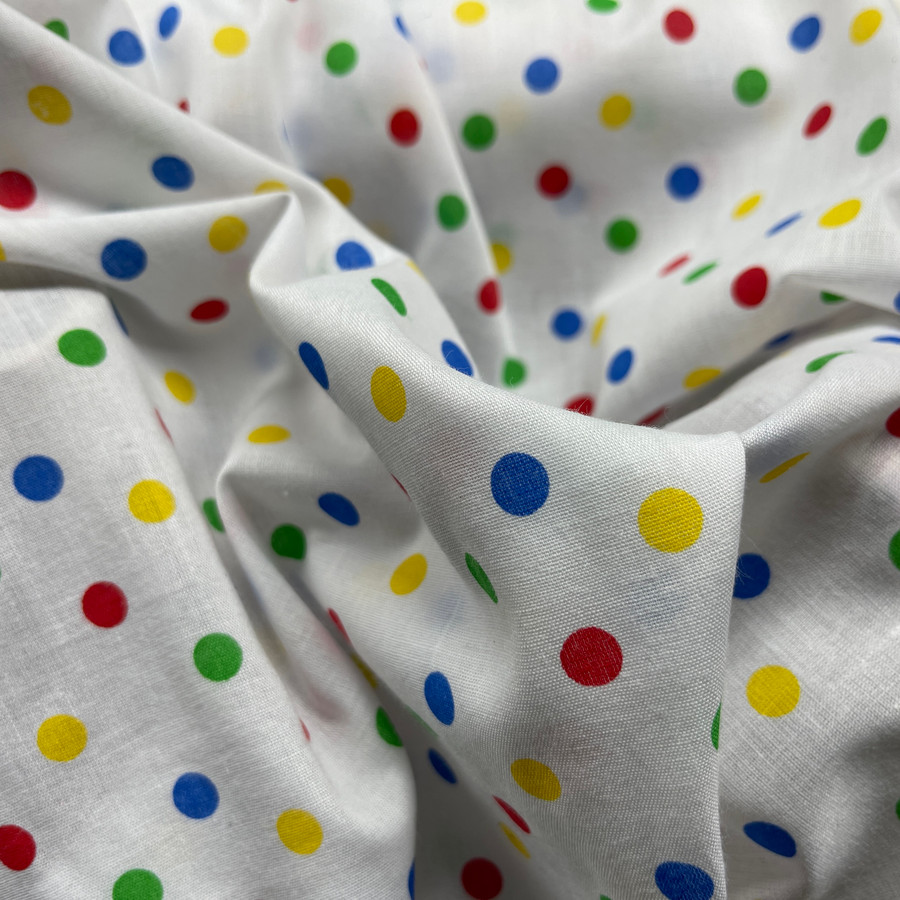 Small Multicoloured Clown Spots Printed Polycotton Fabric, White Small Multicoloured Clown Spots Printed Polycotton Fabric, White