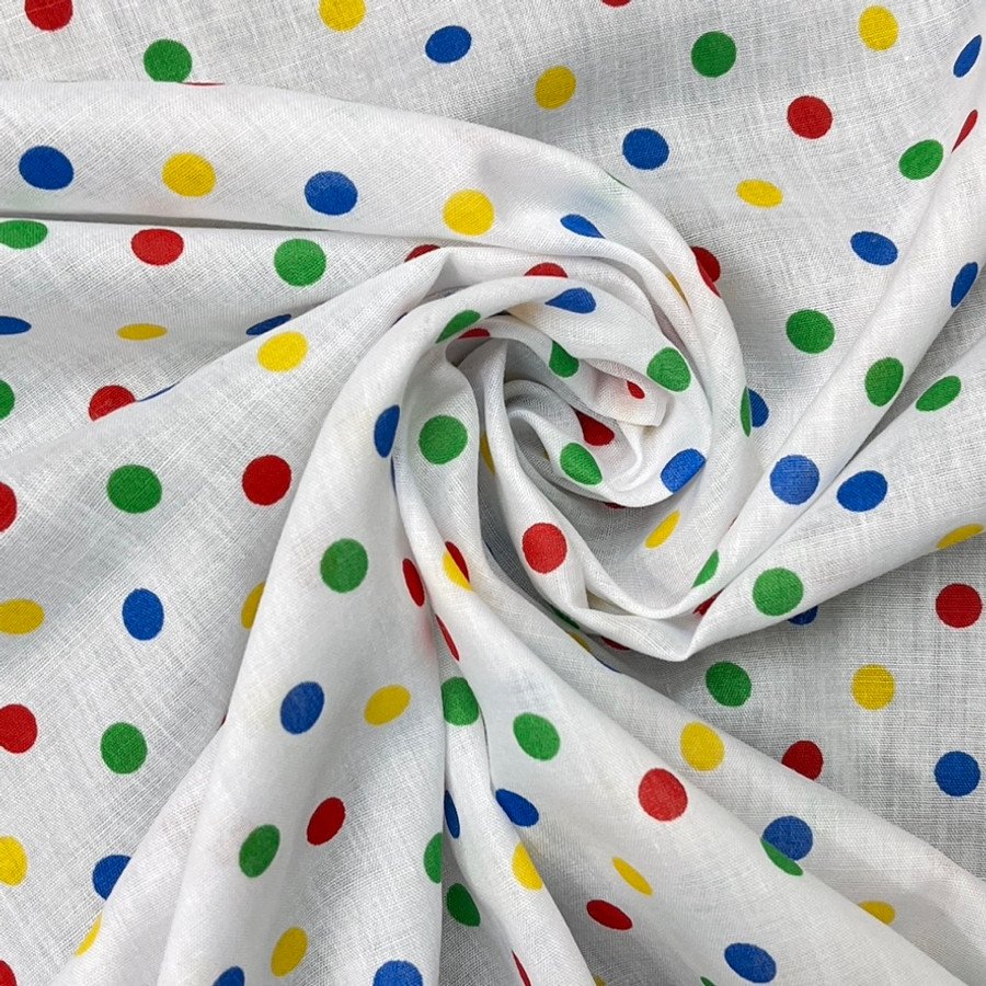 Small Multicoloured Clown Spots Printed Polycotton Fabric, White Small Multicoloured Clown Spots Printed Polycotton Fabric, White