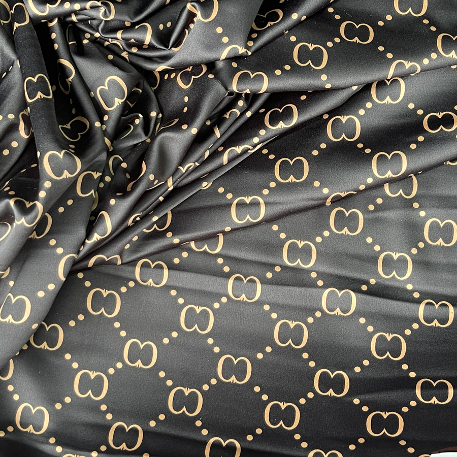 Silky Satin Fabric Designer Inspired Gucci "LOVE" Teddy Print Dress 60" - BLACK