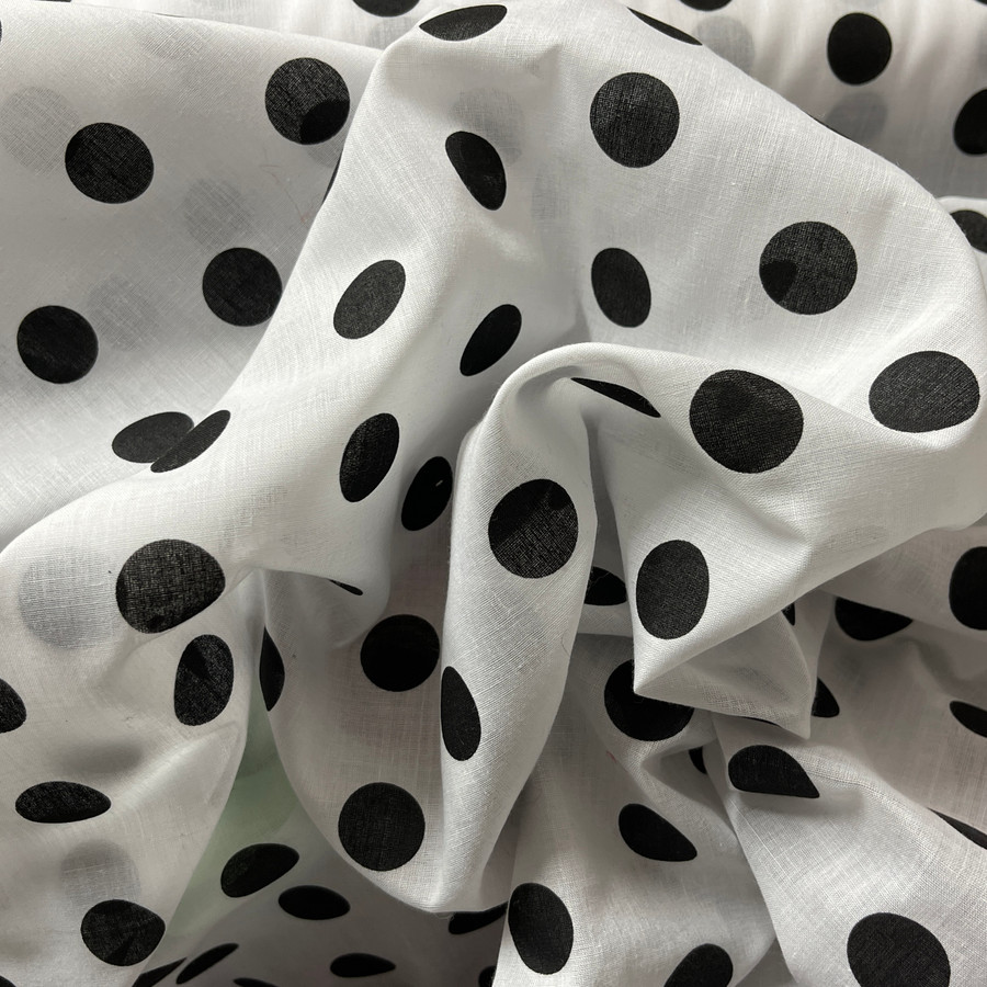 Black Polka Dot Spots Printed Polycotton Fabric, White Black Polka Dot Spots Printed Polycotton Fabric, White