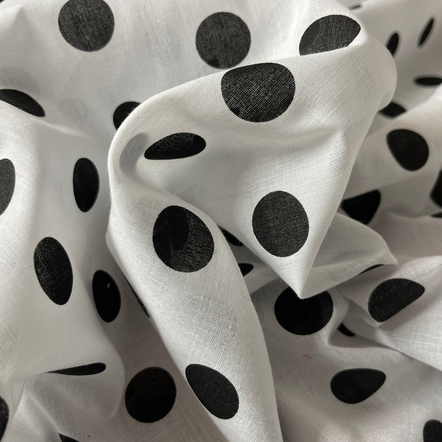 Black Polka Dot Spots Printed Polycotton Fabric, White Black Polka Dot Spots Printed Polycotton Fabric, White
