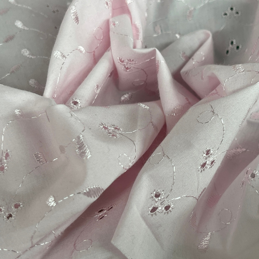 3 Hole Floral Broderie Anglaise Cotton Fabric Dress 45”- Pale Pink 3 Hole Floral Broderie Anglaise Cotton Fabric Dress 45”- Pale Pink
