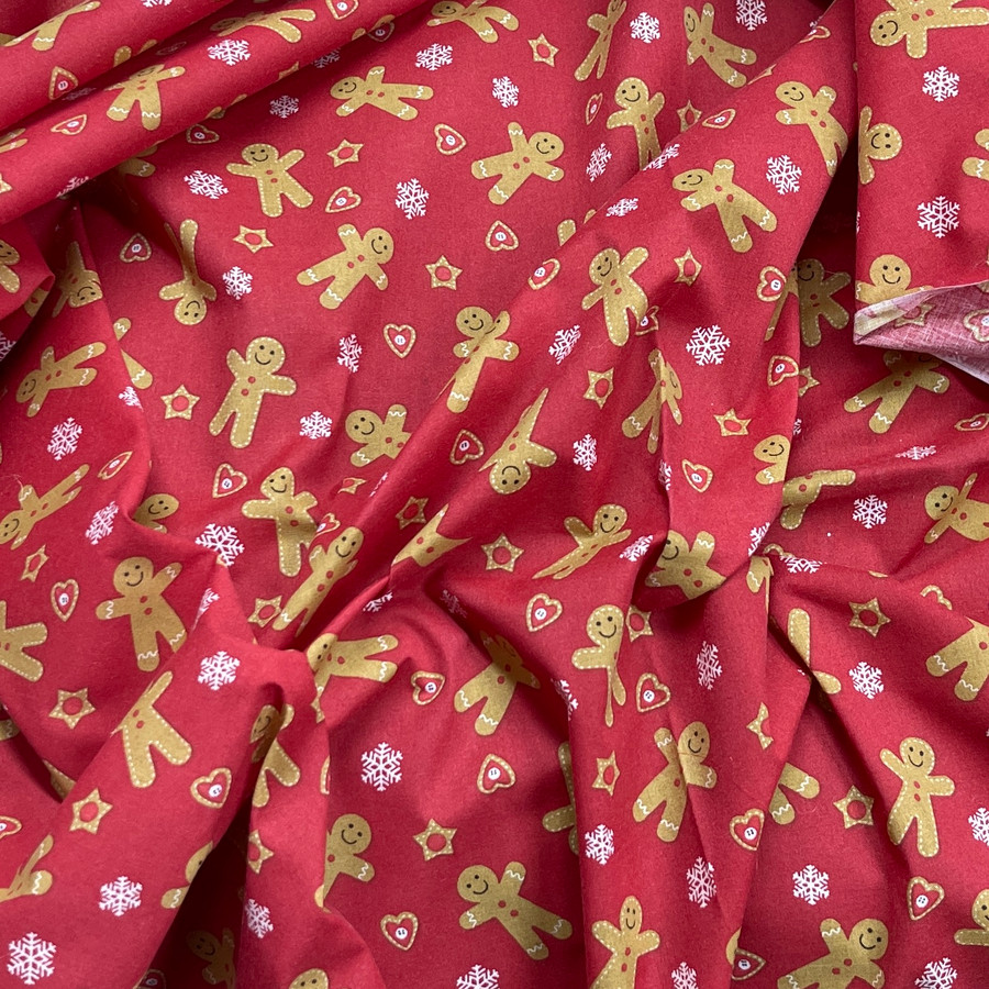 XMAS Gingerbread Man & Snowflakes Christmas Polycotton Fabric, Red XMAS Gingerbread Man & Snowflakes Christmas Polycotton Fabric, Red