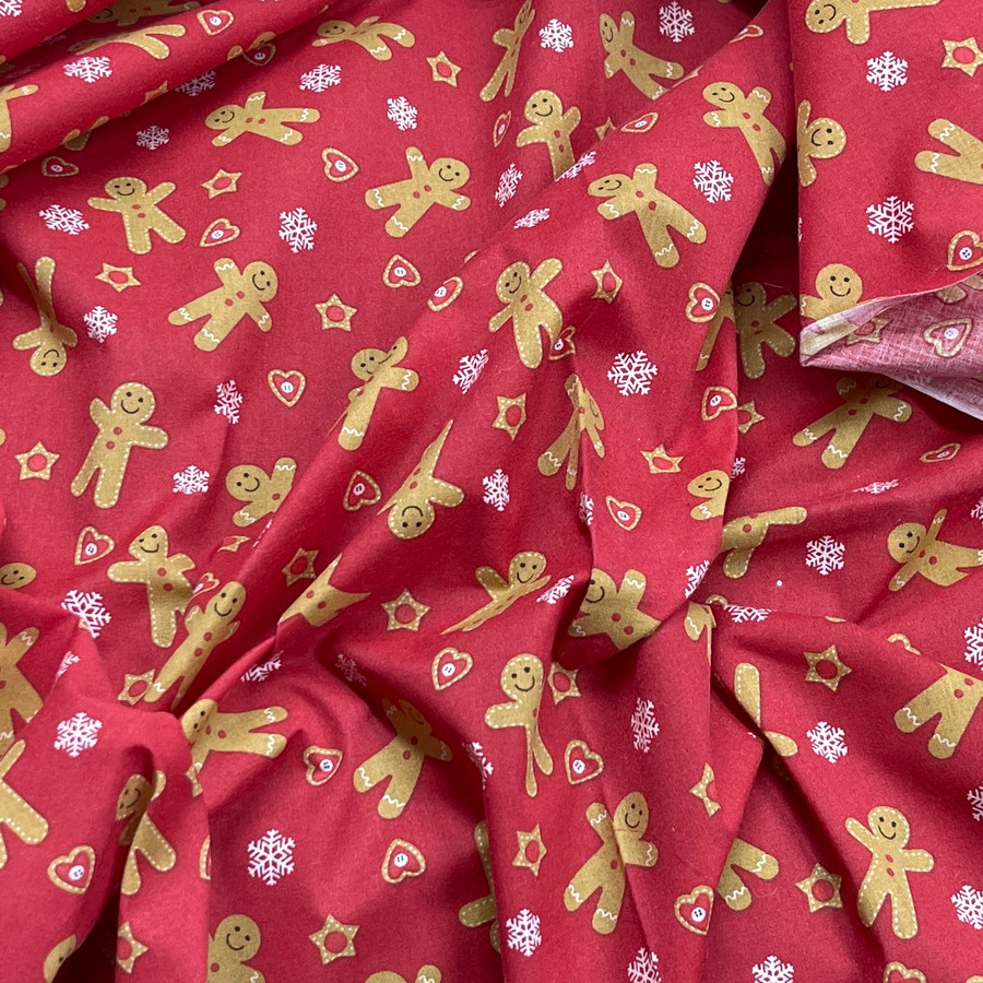 XMAS Gingerbread Man & Snowflakes Christmas Polycotton Fabric, Red XMAS Gingerbread Man & Snowflakes Christmas Polycotton Fabric, Red