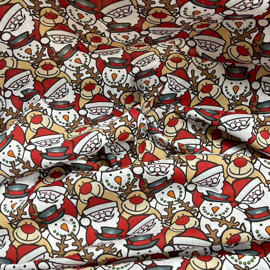 Xmas Santa, Rudolph & Snowman Christmas PolyCotton Fabric Xmas Santa, Rudolph & Snowman Christmas PolyCotton Fabric