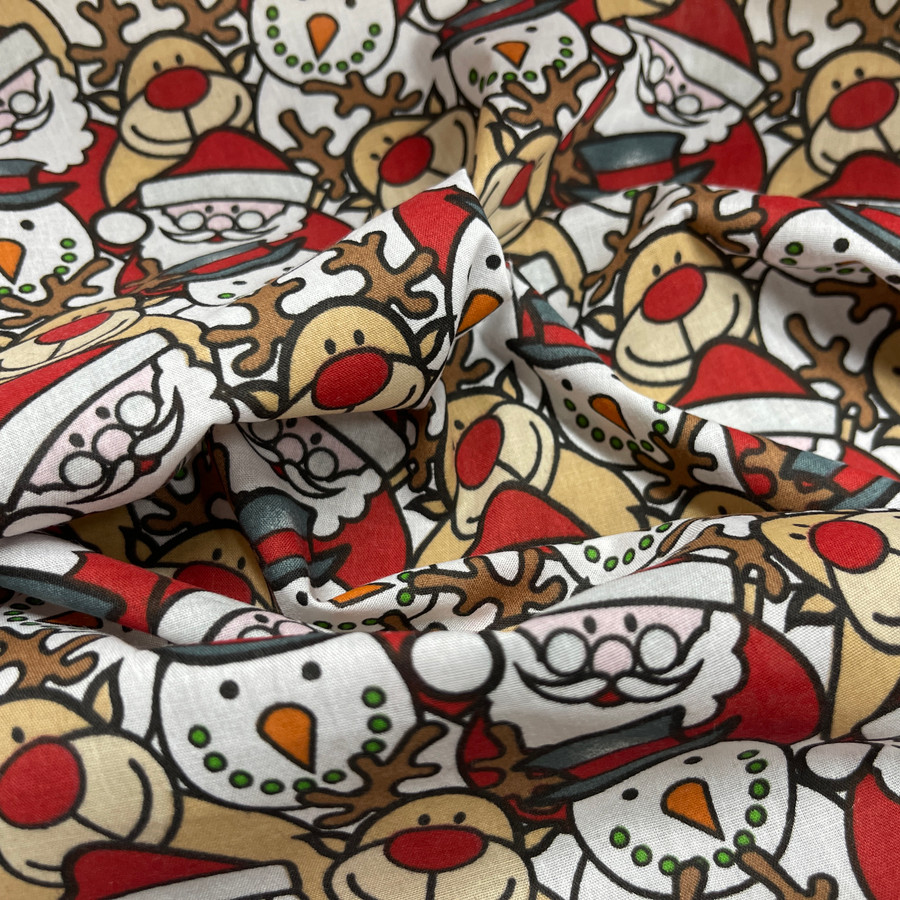 Xmas Santa, Rudolph & Snowman Christmas PolyCotton Fabric Xmas Santa, Rudolph & Snowman Christmas PolyCotton Fabric