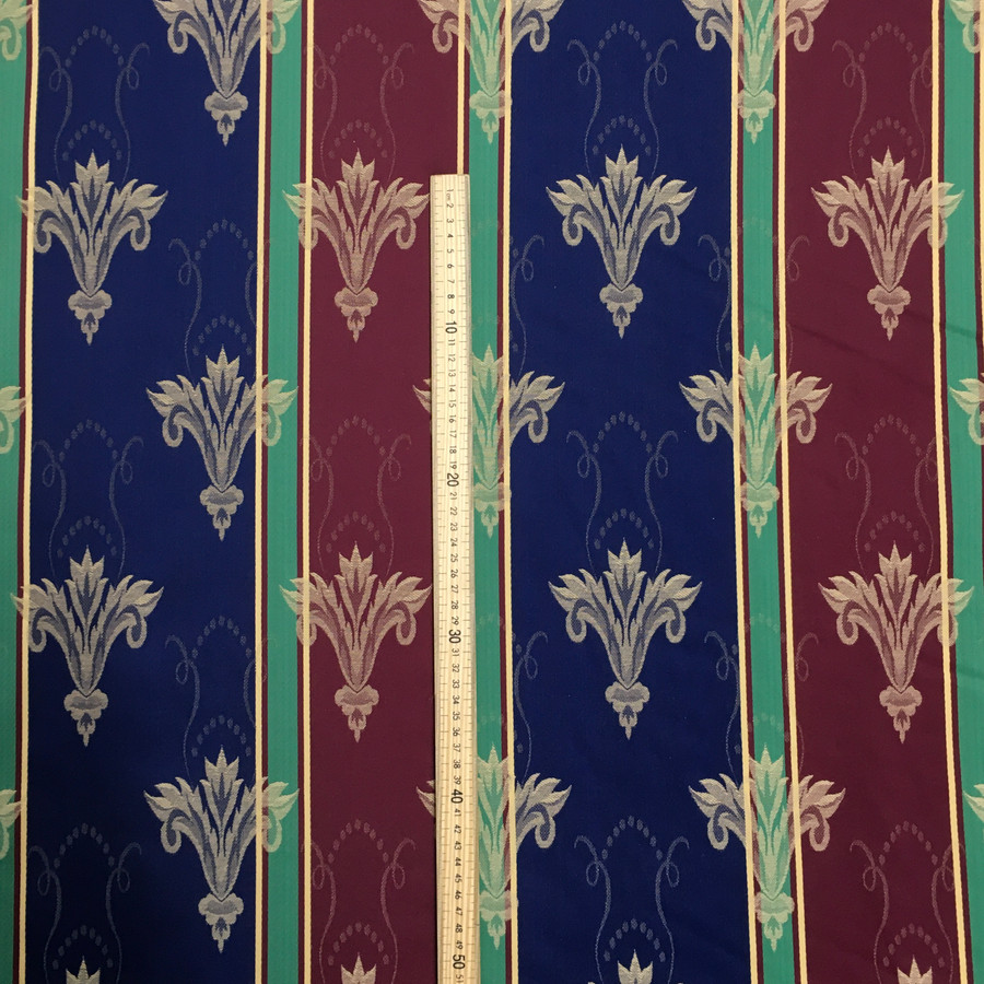 Mirage Damask Brocade Upholstery Multi Striped Fabric, Blue/Red Mirage Damask Brocade Upholstery Multi Striped Fabric, Blue/Red