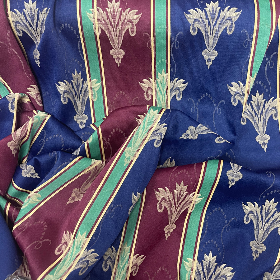 Mirage Damask Brocade Upholstery Multi Striped Fabric, Blue/Red Mirage Damask Brocade Upholstery Multi Striped Fabric, Blue/Red
