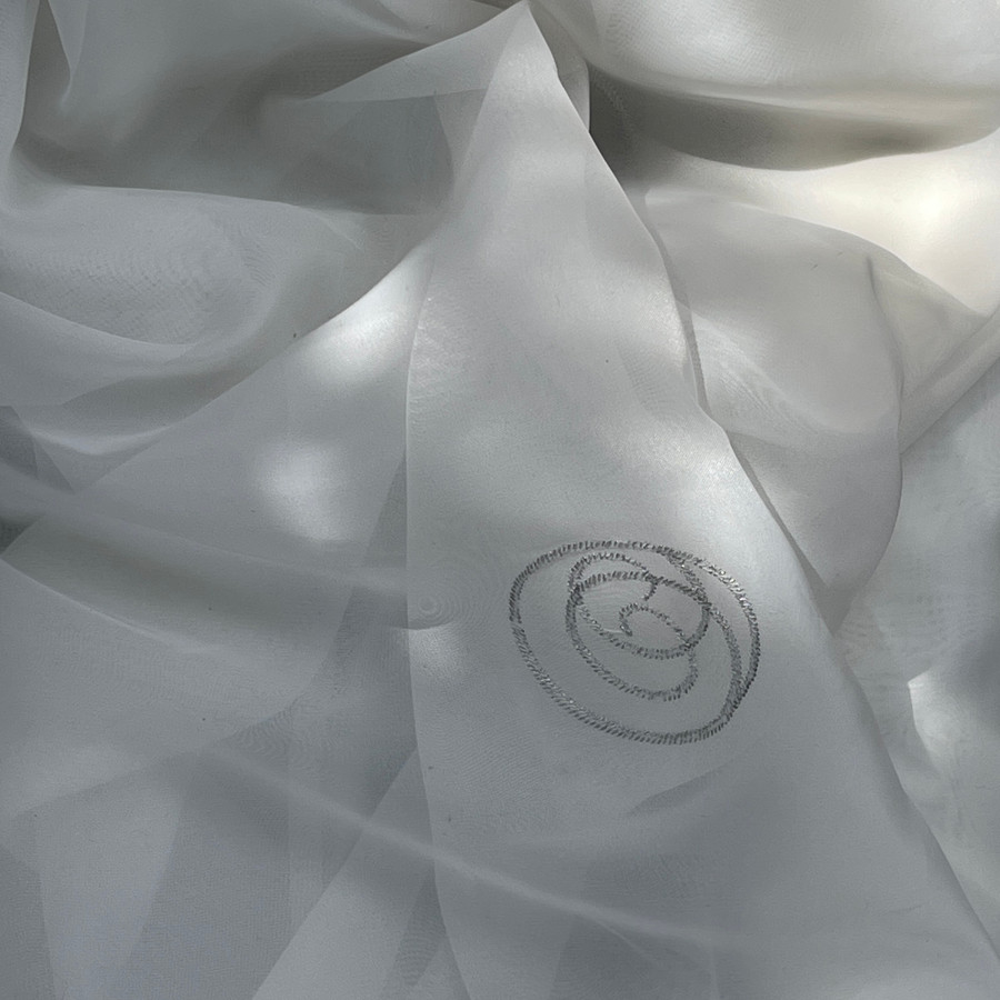 Metallic Silver Circle Swirl Embroidery Voile Net Curtain Fabric, White Metallic Silver Circle Swirl Embroidery Voile Net Curtain Fabric, White