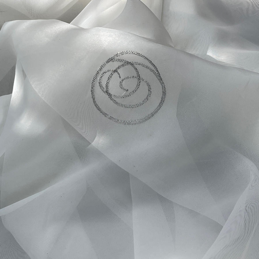 Metallic Silver Circle Swirl Embroidery Voile Net Curtain Fabric, White Metallic Silver Circle Swirl Embroidery Voile Net Curtain Fabric, White