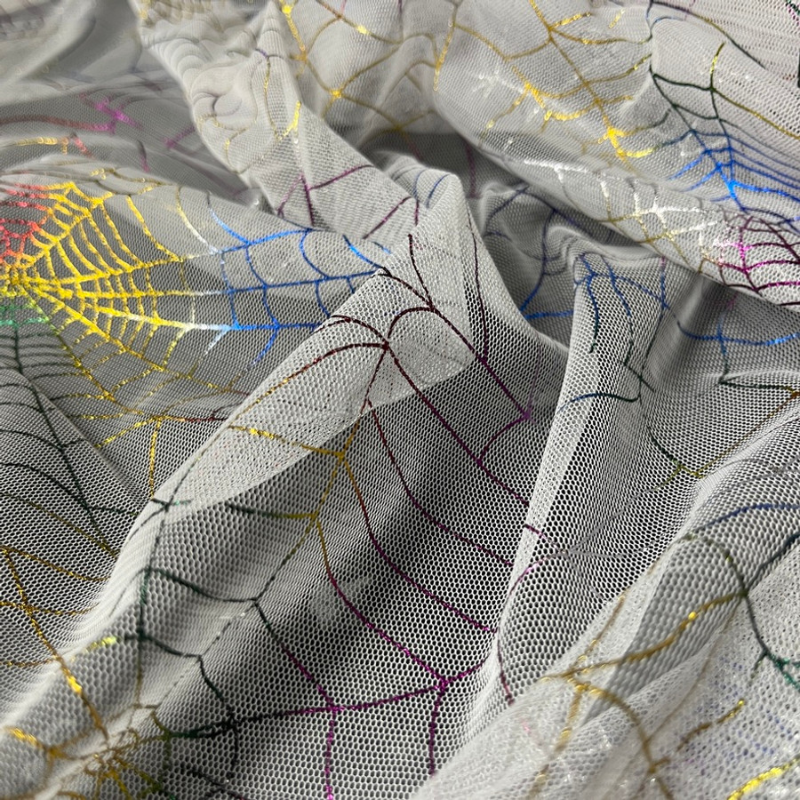 Halloween Tulle Net Multicoloured Cobwebs Dress Fabric 60", White Halloween Tulle Net Multicoloured Cobwebs Dress Fabric 60", White