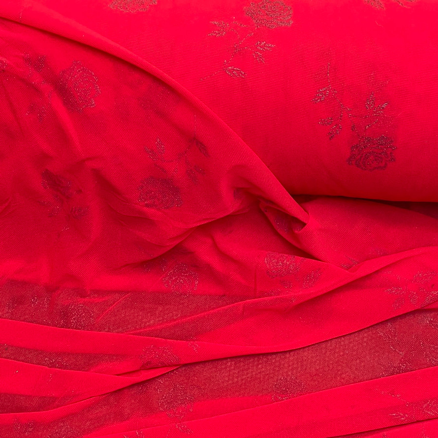 Metallic Roses Soft Nylon Jersey Stretch Net Skirt Nylon Dress Net Tulle Fabric, Red Metallic Roses Soft Nylon Jersey Stretch Net Skirt Nylon Dress Net Tulle Fabric, Red