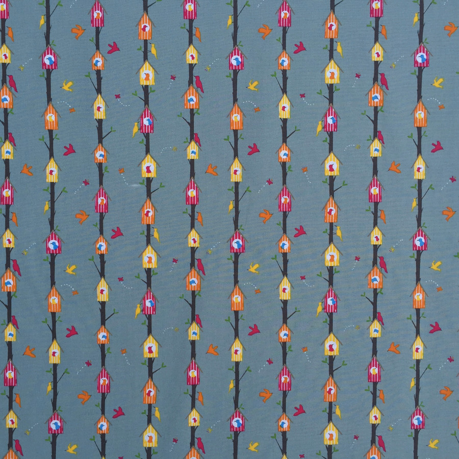 Birds In Tree Houses Woodland Cotton Poplin Fabric, Grey Birds In Tree Houses Woodland Cotton Poplin Fabric, Grey