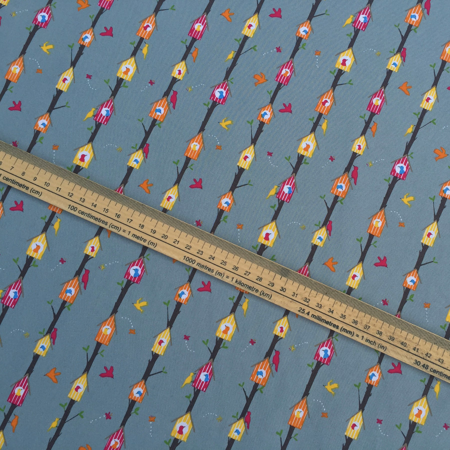 Birds In Tree Houses Woodland Cotton Poplin Fabric, Grey Birds In Tree Houses Woodland Cotton Poplin Fabric, Grey