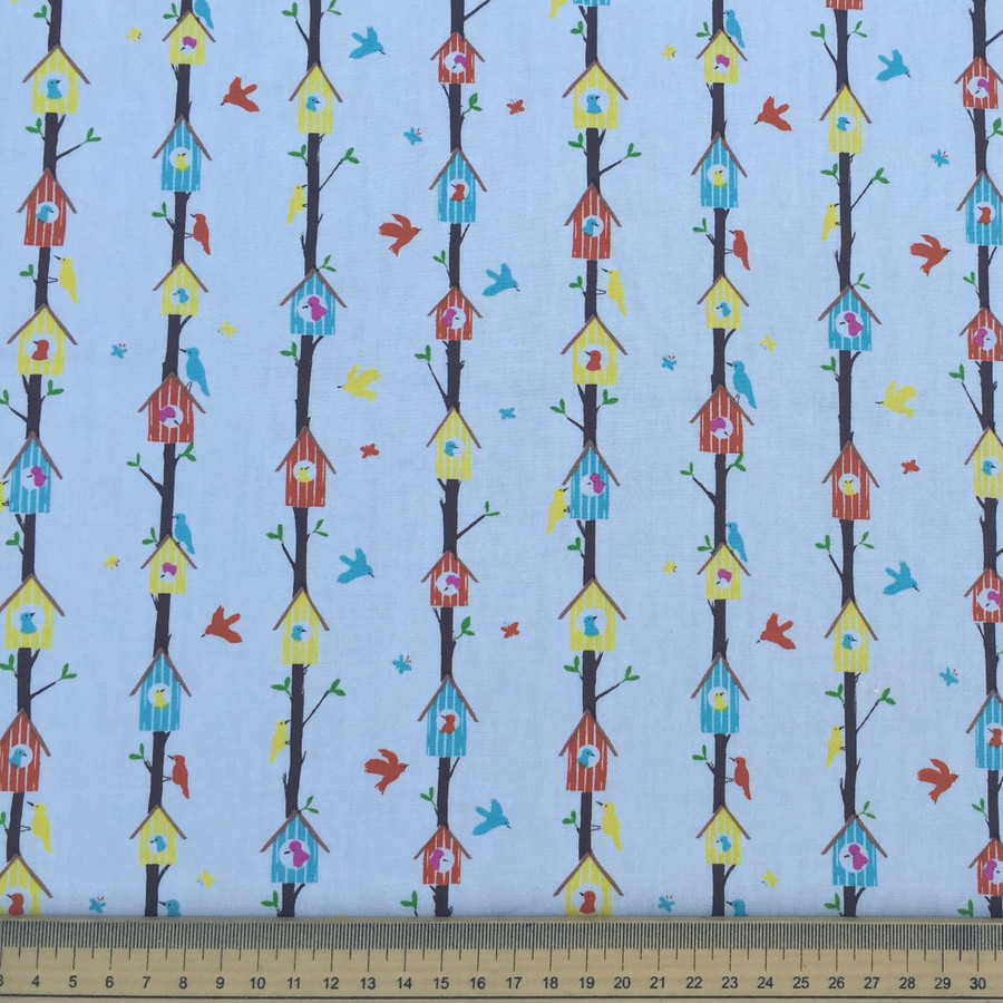 Birds In Tree Houses Woodland Cotton Poplin Fabric, White Birds In Tree Houses Woodland Cotton Poplin Fabric, White