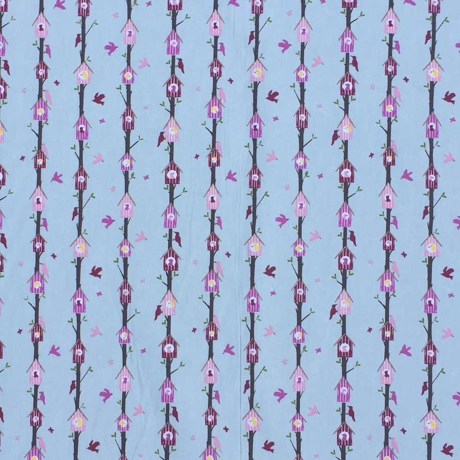 Birds In Tree Houses Woodland Cotton Poplin Fabric, Silver Birds In Tree Houses Woodland Cotton Poplin Fabric, Silver