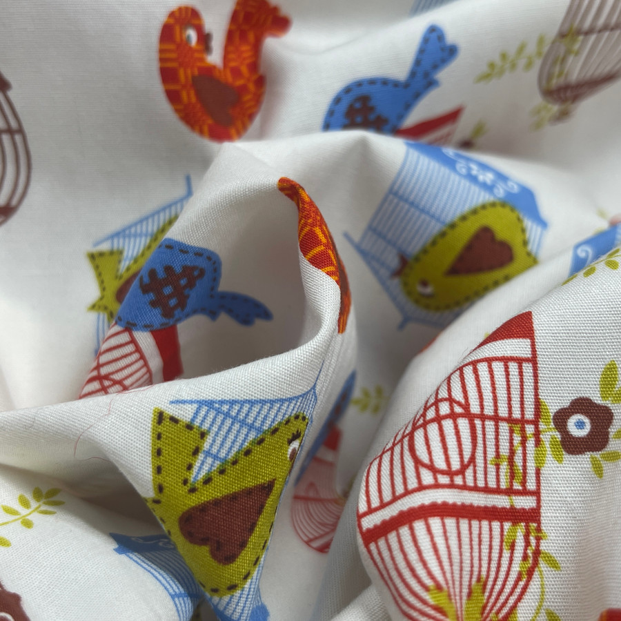 Birds And Cages Cotton Poplin Fabric, Ivory Birds And Cages Cotton Poplin Fabric, Ivory