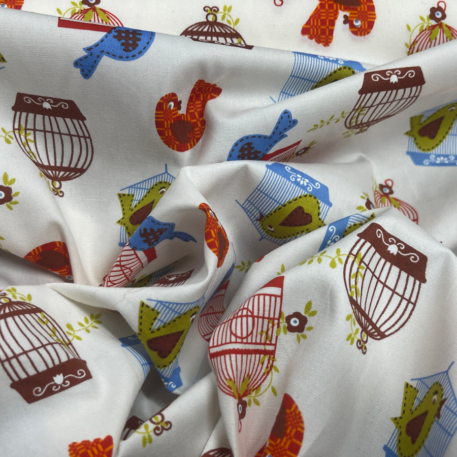 Birds And Cages Cotton Poplin Fabric, Ivory Birds And Cages Cotton Poplin Fabric, Ivory