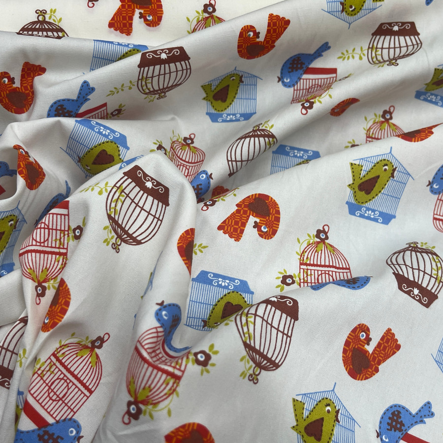 Birds And Cages Cotton Poplin Fabric, Ivory Birds And Cages Cotton Poplin Fabric, Ivory