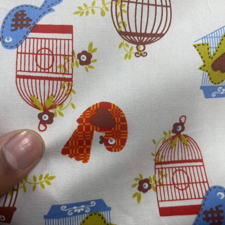 Birds And Cages Cotton Poplin Fabric, Ivory Birds And Cages Cotton Poplin Fabric, Ivory