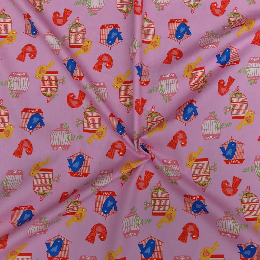 Birds And Cages Cotton Poplin Dress Craft Fabric, Pink Birds And Cages Cotton Poplin Dress Craft Fabric, Pink