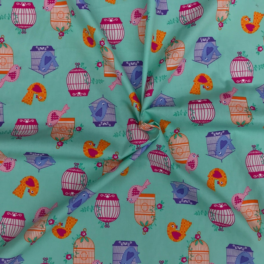Birds And Cages Cotton Poplin Dress Craft Fabric, Green Birds And Cages Cotton Poplin Dress Craft Fabric, Green