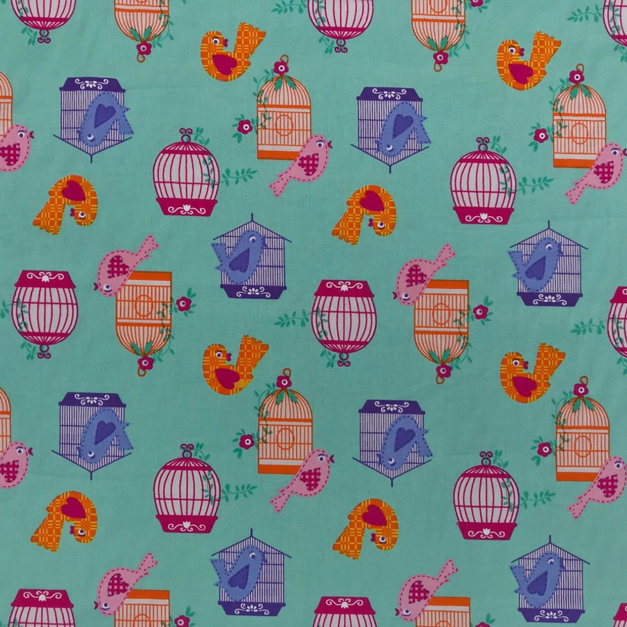 Birds And Cages Cotton Poplin Dress Craft Fabric, Green