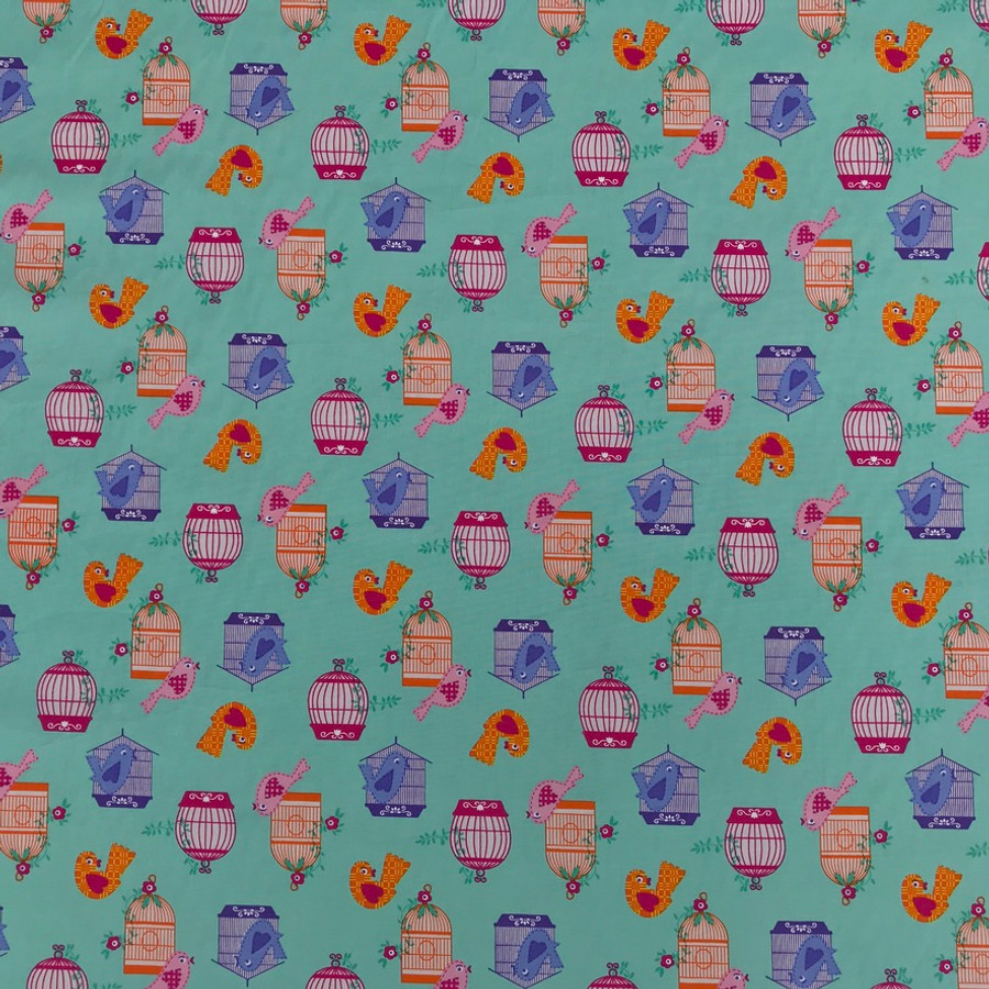 Birds And Cages Cotton Poplin Dress Craft Fabric, Green Birds And Cages Cotton Poplin Dress Craft Fabric, Green