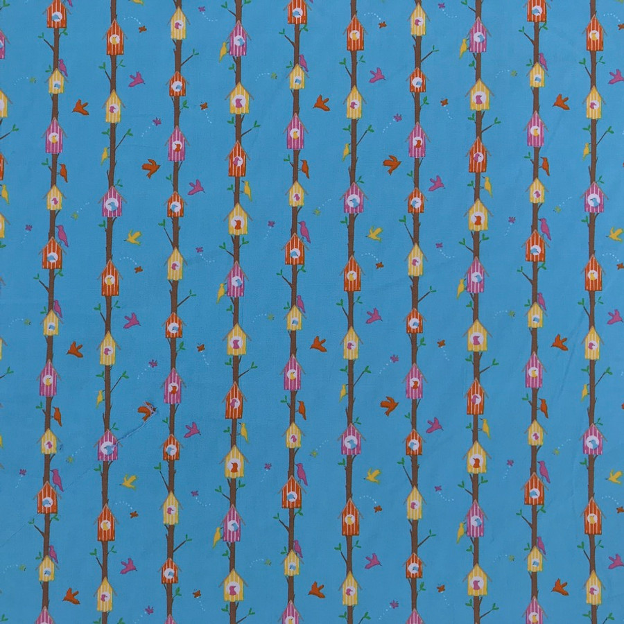 Birds In Tree Houses Woodland Cotton Poplin Fabric, Blue Birds In Tree Houses Woodland Cotton Poplin Fabric, Blue